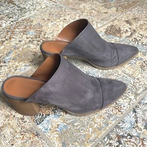 Grey mules with block heel, size 7